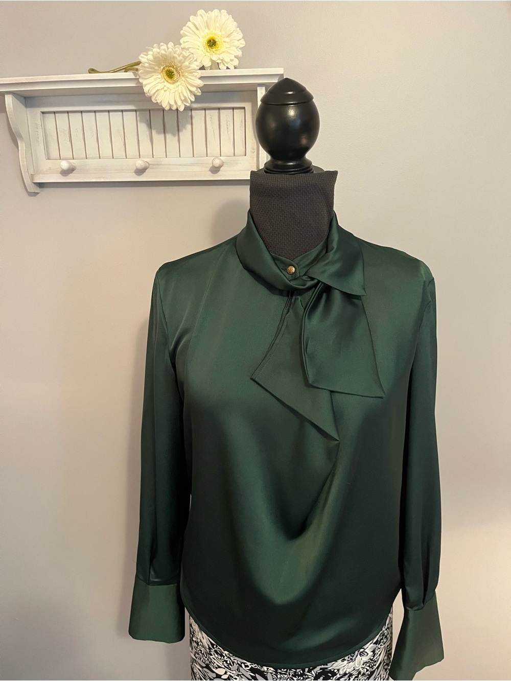Mango Emerald Green Satin Neck detail Blouse EUC